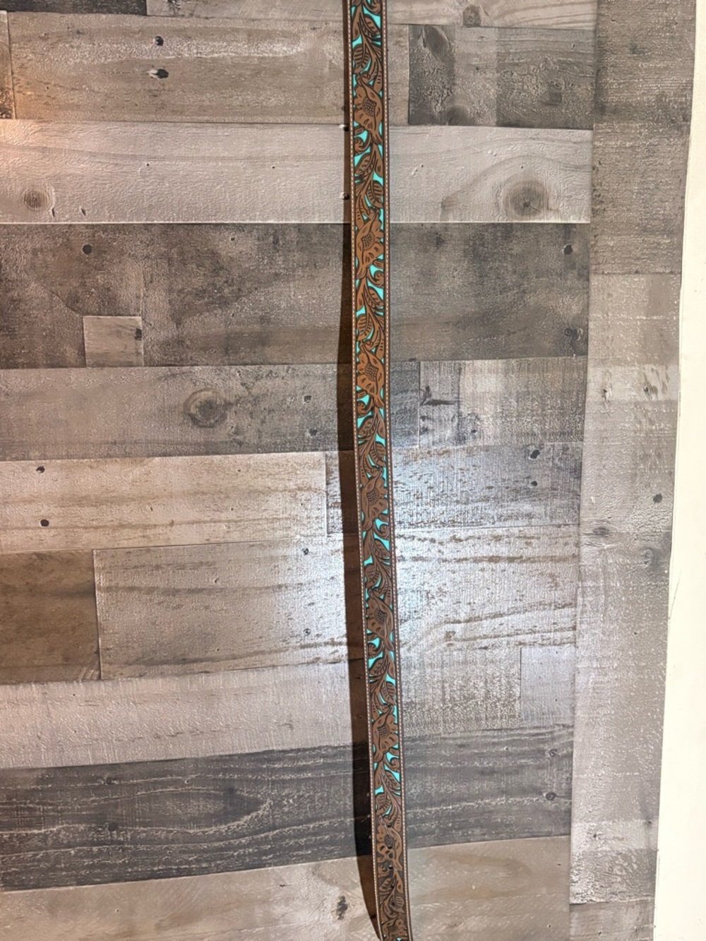 Decorative Brown Leather Belt with Turquoise Floral Inlay